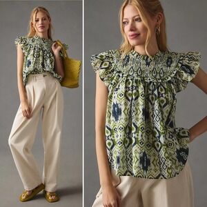 The Odells | NWT Rhia Top in Army Multi Smocked Ruffle Cap Sleeve Blouse